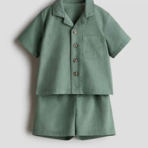 Boys Green 2-Piece Linen-Blend Shirt with Shorts