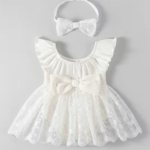 Girls White Floral Embroidered Party Dress with Headband