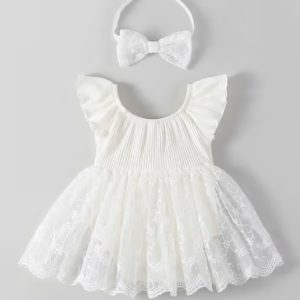 Alternative view of Girls White Floral Embroidered Party Dress with Headband