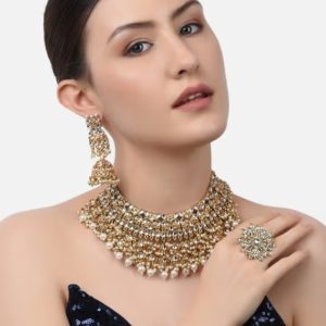 Gold Tone Kundan Choker Necklace Earring Maangtikka & Ring Set-ZPFK10799