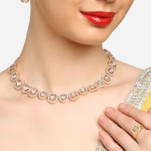Gold Tone Kundan & Dazzling AD Necklace Earring & Ring -ZPFK16772 (Set of 3)