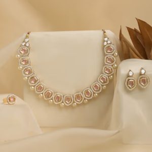 Pink Austrian Diamonds Pearls Necklace Earring Ring Set-ZPFK17286