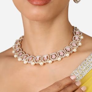 Alternative view of Pink Austrian Diamonds Pearls Necklace Earring Ring Set-ZPFK17286