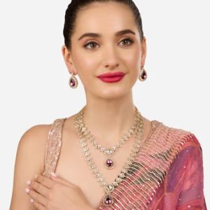 Alternative view of Purple Stones Diamonds Layered Necklace and Earring (Set of 2)