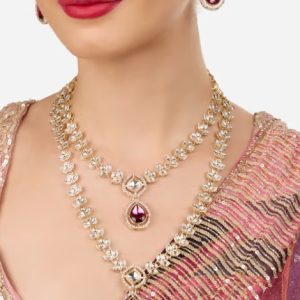Purple Stones Diamonds Layered Necklace and Earring (Set of 2)