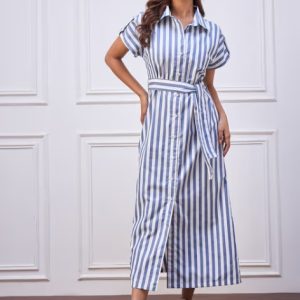 Women's Blue Stripe Cotton Maxi Dress with Belt