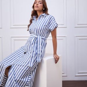 Alternative view of Women's Blue Stripe Cotton Maxi Dress with Belt